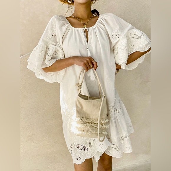 ♥️Hello Gorgeous! Eyelet Embroidered Tassel Tie Neck Dress - Picture 7 of 10